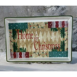 'Home For Christmas' Stoneware Lime Green Rectangular Serving Platter Retro Vtg
